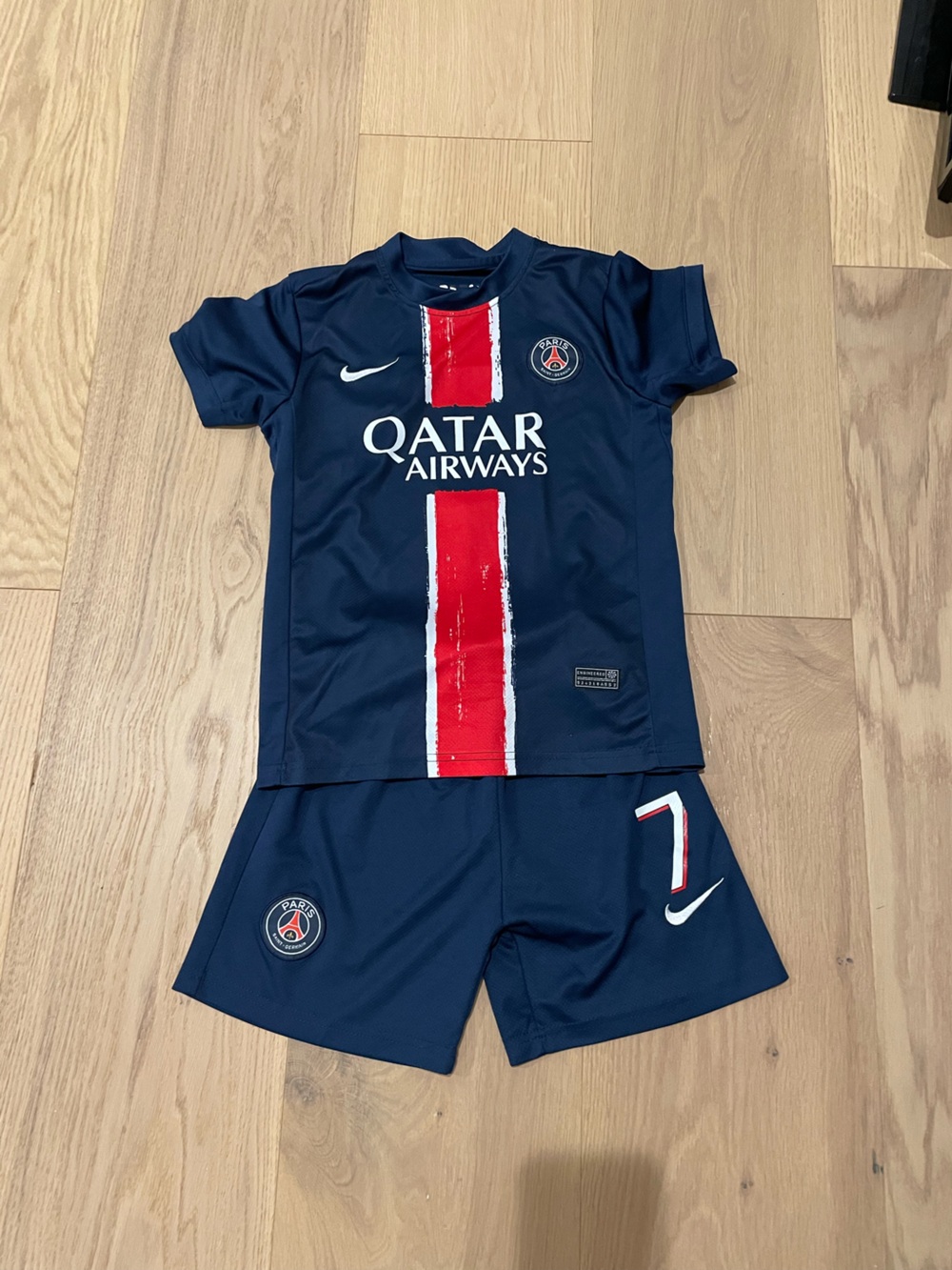 Nike Kids Navy and Red PSG Soccer Jersey with Qatar Airways Logo Mbappe